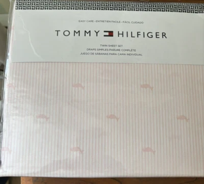 TOMMY HILFIGER TWIN SHEET SET PINK STRIPE WHALES NEW FREE SHIPPING - Image 1 of 4