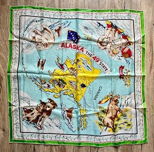 Vintage 50s "ALASKA the 49th STATE" Silk Souvenir Scarf - New - Picture 1 of 7