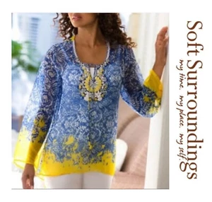 Weiche Umrandung hellblau gelb transparent Perlen bestickt Boho Tunika Top XL - Bild 1 von 12