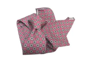 Cravatta lana uomo rosa motivi beige verdi azzurri e abbinata fazzoletto taschin - Imagen 1 de 6