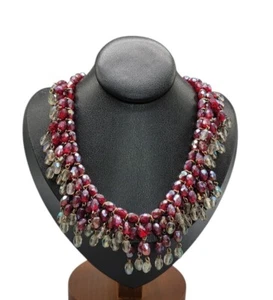 Handcrafted Irridescent Tassel Beaded Statement Necklace Red/Clear Glass Beads - Picture 1 of 14