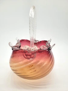 Antique Hand Blown Art Glass Large Basket - Shades Pink - Glass Leaves etc - Picture 1 of 5