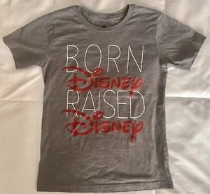DISNEY T SHIRT KIDS - BORN DISNEY RAISED DISNEY- KIDS SIZE 7/8 GRAY EUC - Picture 1 of 4