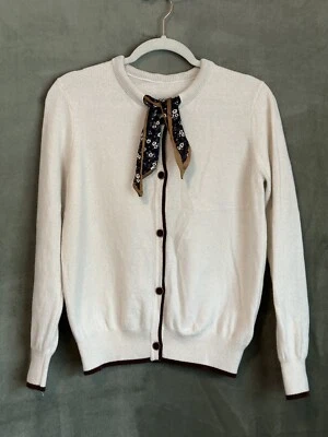 Cárdigan Suéter Lana Cachemira Marfil Con Botones Marrón Floral Cuello Bufanda Lazo Talla L Foto 1 de 4