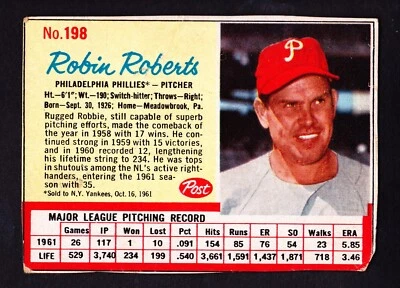 1962 POST #198 ROBIN ROBERTS PHILLIES - Image 1 of 2