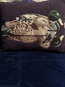 Vintage Mallards Needlepoint Handcrafted Pillow 17 X 14 Navy Blue - Picture 1 of 8