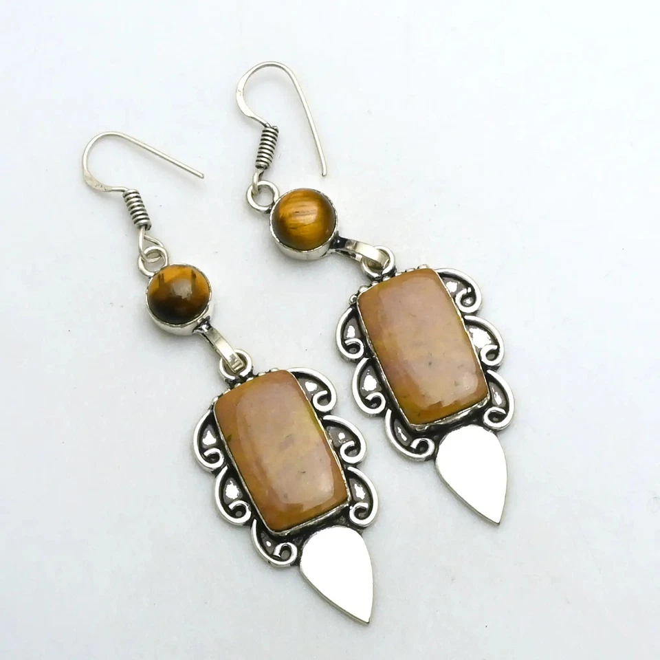Jasper Tiger Eye Gemstone Handmade Drop Dangle Earrings Jewelry 2.2" AE-92773 - Image 1 of 1