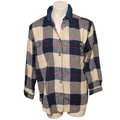 Vintage Copper Key Button Up Flannel Shirt Denim Collar Small - Missing Button  - Image 1 of 4