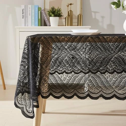  Black Lace Tablecloth. Oblong Tablecloth Measures 60 x 84 Inches. Floral  - Image 1 of 2