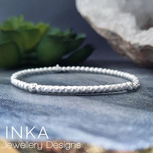 925 Sterling Silver Plain 3mm Textured Noodle Stacking Stretchy Bracelet by INKA - Picture 1 of 8