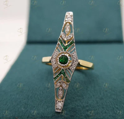 Anello Vintage CREATO Smeraldo 1,27 Cts Diamante Anello Edoardiano Art Deco... - Immagine 1 di 4