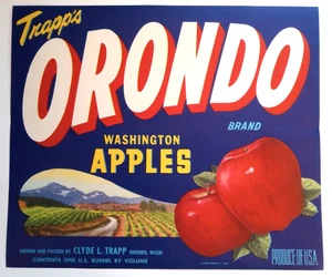 Original escaso TRAPP'S ORONDO etiqueta de caja de manzana Clyde L Trapp Orondo WA azul - Imagen 1 de 1