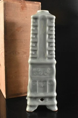 T1797: Jarrón de flores japonés antiguo Kiyomizu-ware Celadon en forma de Sangi, automático con caja Foto 1 de 4