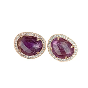 Natural Bezel Set Faceted Purple Amethyst Cubic Zirconia Pave Stud Earrings - Picture 1 of 6
