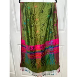 Grün Rosa Abstrakt Fransen Schal Halstuch Tuch Fleur de Lis Muster Seide - Bild 1 von 3