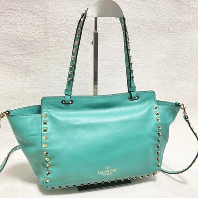 [Used] Valentino Garavani Vitello Rockstud Tote Shoulder Bag Purse in Teal w/Dus - Image 1 of 4