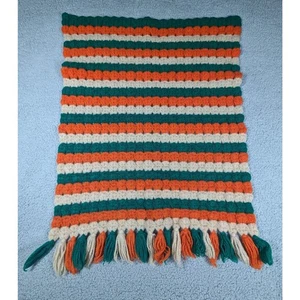 Handmade Crochet Afghan Throw Blanket Orange Tan Green Striped 24x32 Inch - Picture 1 of 5