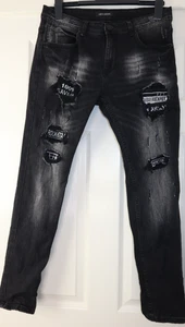 Leeyo Mens Black Distressed Ripped Slim fit Jeans W34 L28.5 Punk Rock VGC - Picture 1 of 12