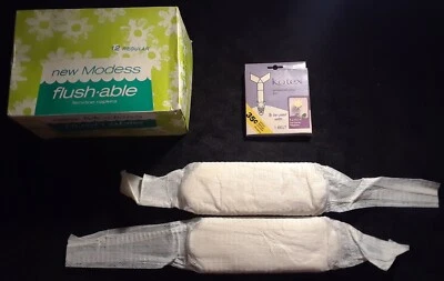Años 60 Modess FLUSHABLE - 2 Servilletas Sanitarias con Cinturón - ¡Cinturón Kotex y Caja Vacía! Foto 1 de 4