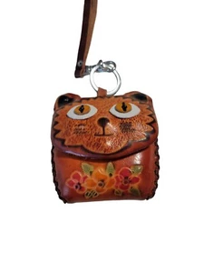 Handgefertigte Geldbörse/Geldbörse aus Leder mit Katze Kätzchen Handgelenktasche 4 Zoll hoch - Bild 1 von 4