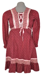 Prairie Mini DRESS Vtg 1970s Floral Lace Up Ruffle Tucks Corset Large 26W x33 XS - Picture 1 of 4
