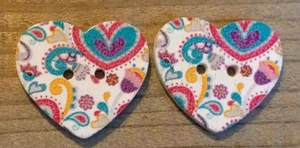 2 Floral Heart Sewing Buttons Crafting Wood 2 Hole 1" - Picture 1 of 2