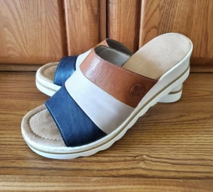 RIEKER WEDGE SANDALS WOMEN 41 EU 9.5US LEATHER TAN BLUE WHITE - Picture 1 of 11