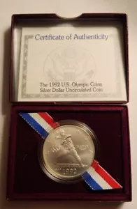 1992 D U.S. Olympic Commemorative 90% Silver Baseball UNC. Silver Dollar Coin. - Picture 1 of 4