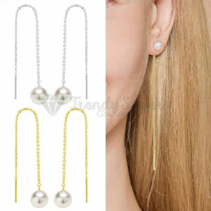 925 Sterling Silver Gold Round Pearl Dangle Tassel Threader Drop Women Earrings - Picture 1 of 36