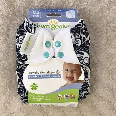 Pañal de tela de bolsillo BumGenius 4.0 OS talla única broches de presión Martin negro blanco mantente seco Foto 1 de 3