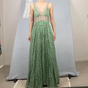 BCBG Maxazria Silk Dress Womens 4 Fit 8 S Maxi Green Sequins Boho Hippie Fair - Picture 1 of 21