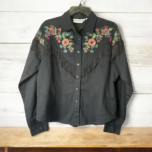 VINTAGE RARE ADOBE ROSE WOMEN'S Black FRINGE FLOWER  DESIGN WESTERN SHIRT SZ L - Picture 1 of 9