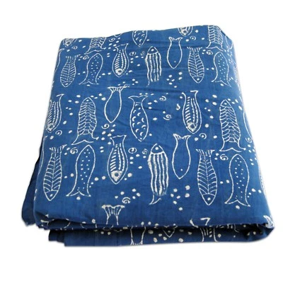 Hand Block Fish Printed Pure Cotton Fabric Dress Sewing Material 10 Yards HDC3 - Image 1 of 4