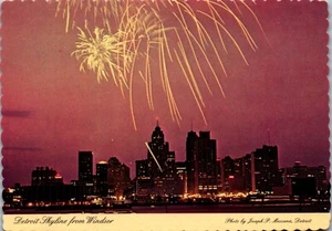 Vintage MI Postcard Detroit Skyline from Windsor Canada at Night Fireworks - Picture 1 of 3