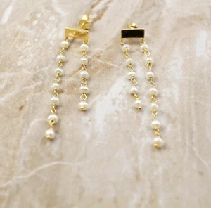 Pure 925 Sterling Silver Jewelry Fresh Water Round 3 mm Pearl Earring 5cm SE1909 - Picture 1 of 7