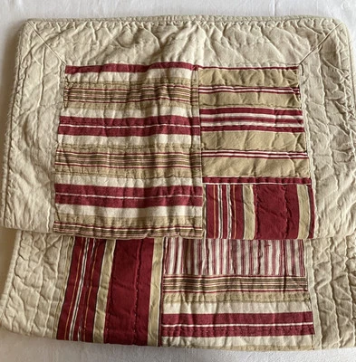 Two Pottery Barn Quilted Patchwork Ticking Stripe Standard Shams Red Beige 26x19 - Image 1 of 4