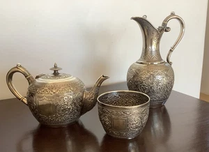 Antique John Russell Sterling Scottish Wine Ewer, Tea Pot & Bowl (Embossed) - Picture 1 of 6