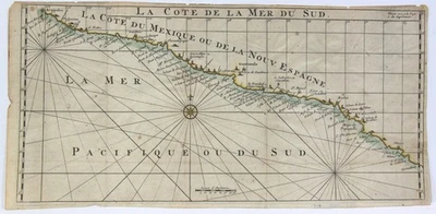 Mapa tintado a mano de la costa sur de México o Nueva España circa 1716 Foto 1 de 4