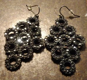 Goth Black Gemmed Rhinestone Dangle Drop Reticulated Earring 2.5" Diamond Shape - Picture 1 of 8