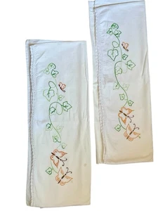 Pair VTG White Floral Butterfly Embroidered Pillowcases  Lace Hem Whimsy Cottage - Picture 1 of 8