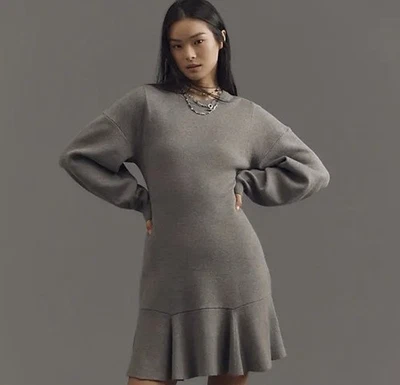 Vestido Suéter Tejido Anthropologie Manga 3/4 Volantes Gris Pequeño Regular NUEVO Foto 1 de 4