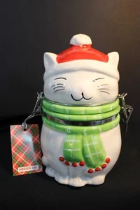 Hinged Jar - White Cat in Santa hat and scarf - Boston Warehouse Trading Co. - Picture 1 of 9
