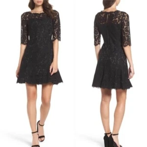 Eliza J Womens 8 Black Lace Scalloped Hem Half Sleeve Fit & Flare Cocktail Dress - Picture 1 of 12