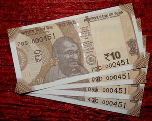 INDIA REPUBLIC  | 2018 - 10 RUPEE SAME NUMBER 000451 - 4 UNC NOTES LOT - Picture 1 of 3