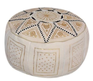 Pouf Moroccan Hassock Leather Round Ottoman Foot-stool Pouffe Medium Beige - Picture 1 of 4