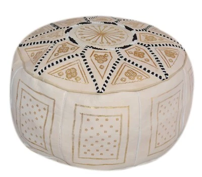  Pouf Moroccan Hassock Leather Round Ottoman Foot-stool Pouffe Medium Beige  - Image 1 of 4