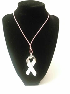 Artisan Made Silver Ribbon Pink Cord Breast Cancer Awarenes Necklace 21" j2 - Picture 1 of 7