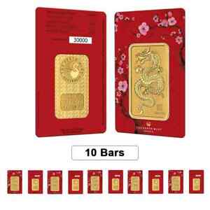 Lot of 10 - 1 oz Perth Mint Lunar Year of the Dragon Gold Bar .9999 Fine (In