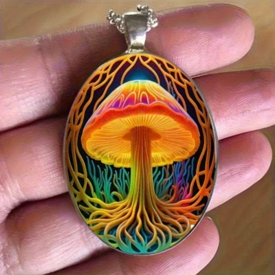Mushroom Oval Jewelry Vintage Silvery Gothic Strength Pendant Necklace C - Image 1 of 4