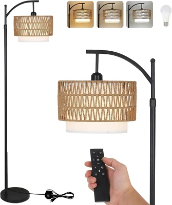Arc Floor Lamp with Remote, Dimmable Bulb, Rattan & Fabric Shades - Image 1 of 4